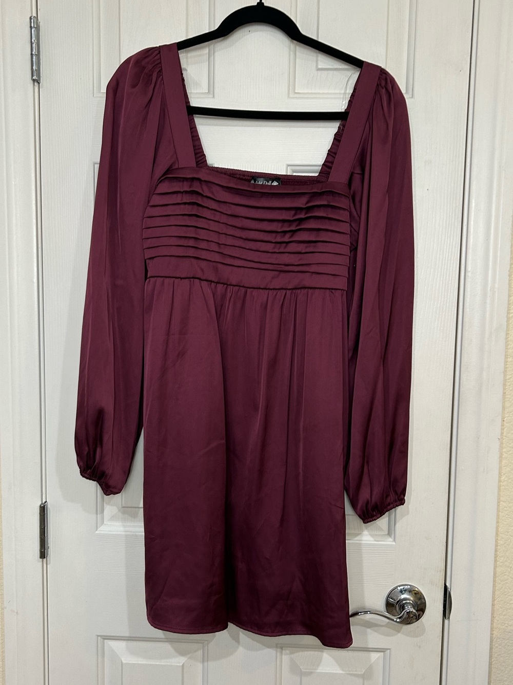 Midnight Doll Wine Satin Long Sleeve Mini Dress with Pockets Smocked Back Sz M